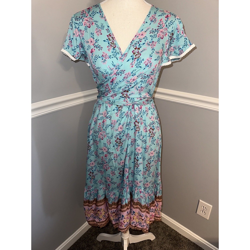 New Gaovot Dress Size L Multiway Tie Flutter Sleeve V Neck Midi Floral Stretch